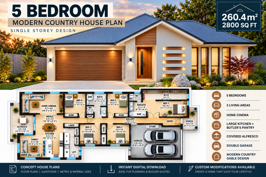 5 Bedroom House Plans | Modern Country Farmhouse | 2800 Sq Ft Single Storey Home Plan | Gable Roof Design | Digital PDF Download