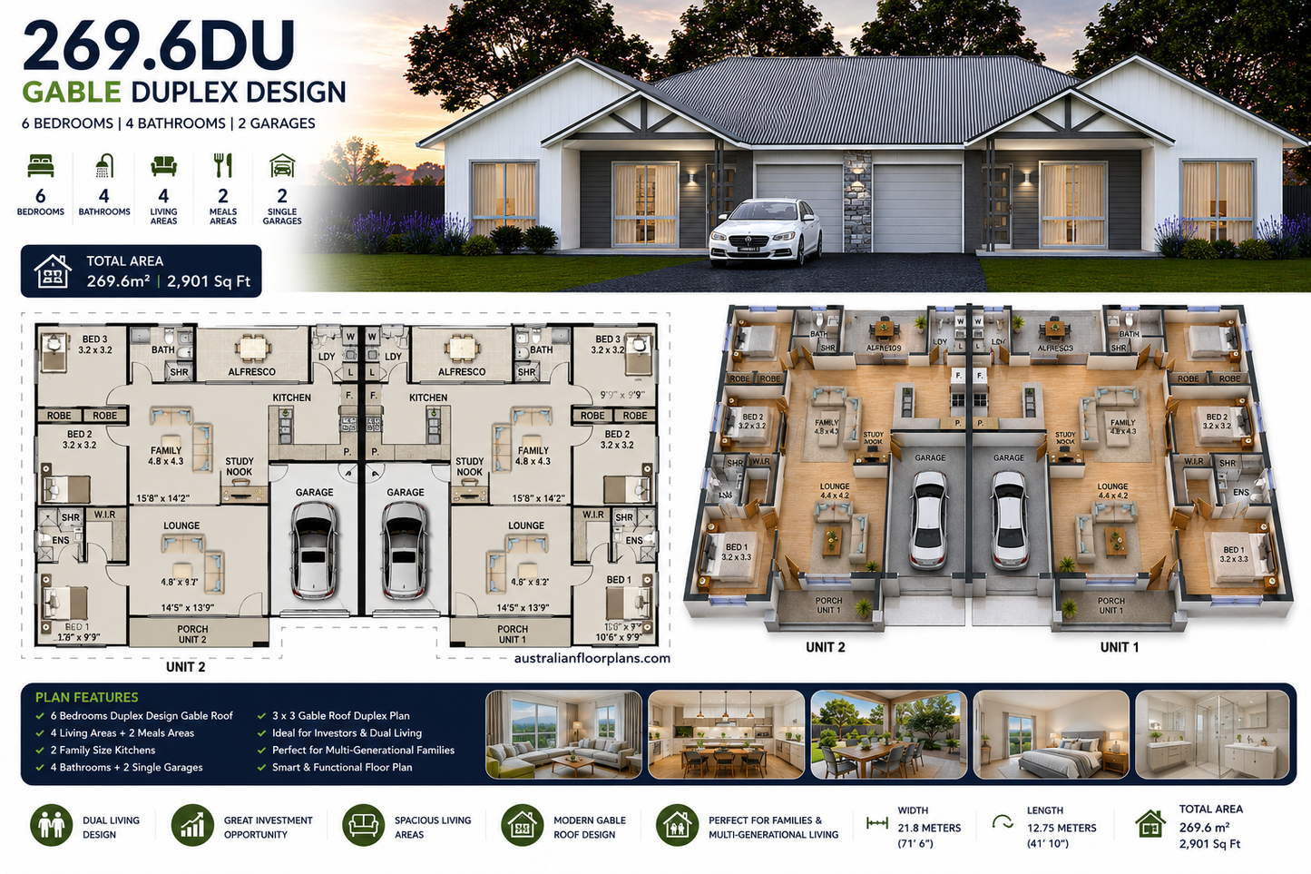 269.6DU Gable Duplex House Plan | 6 Bed | 4 Bath | Dual Living Design | 2901 Sq Ft