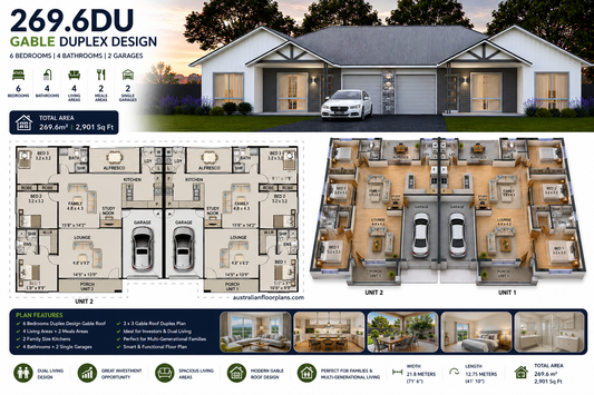 269.6DU Gable Duplex House Plan | 6 Bed | 4 Bath | Dual Living Design | 2901 Sq Ft