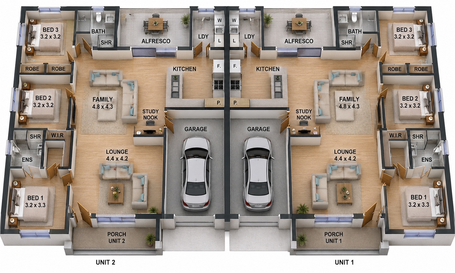 269.6DU Gable Duplex House Plan | 6 Bed | 4 Bath | Dual Living Design | 2901 Sq Ft