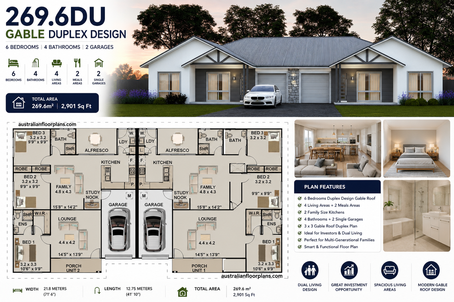 269.6DU Gable Duplex House Plan | 6 Bed | 4 Bath | Dual Living Design | 2901 Sq Ft