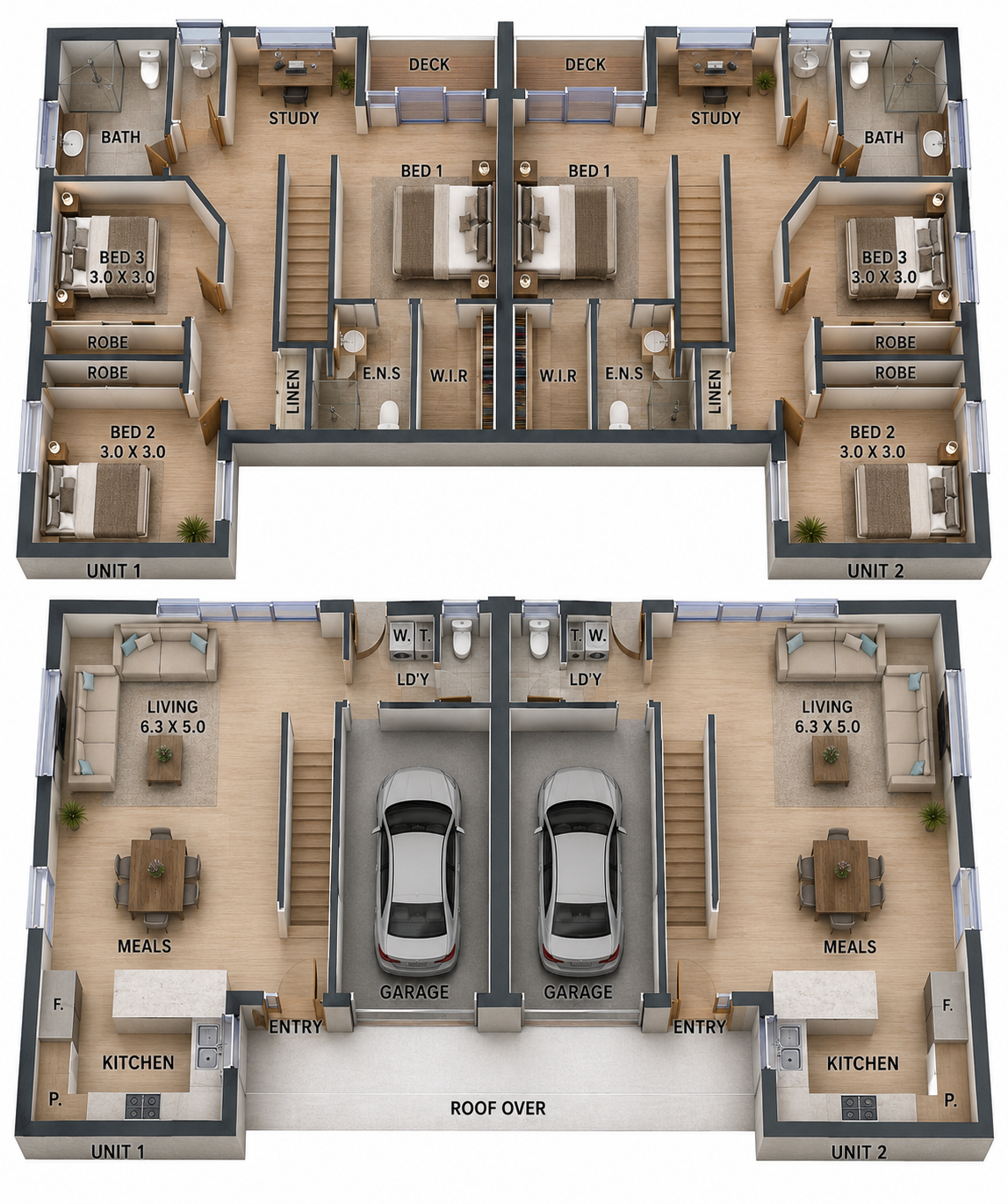 269DU Skillion Duplex House Plan | 6 Bed | 4 Bath | 2 Storey Townhouse Design | 303.5m² | 3,251 Sq Ft