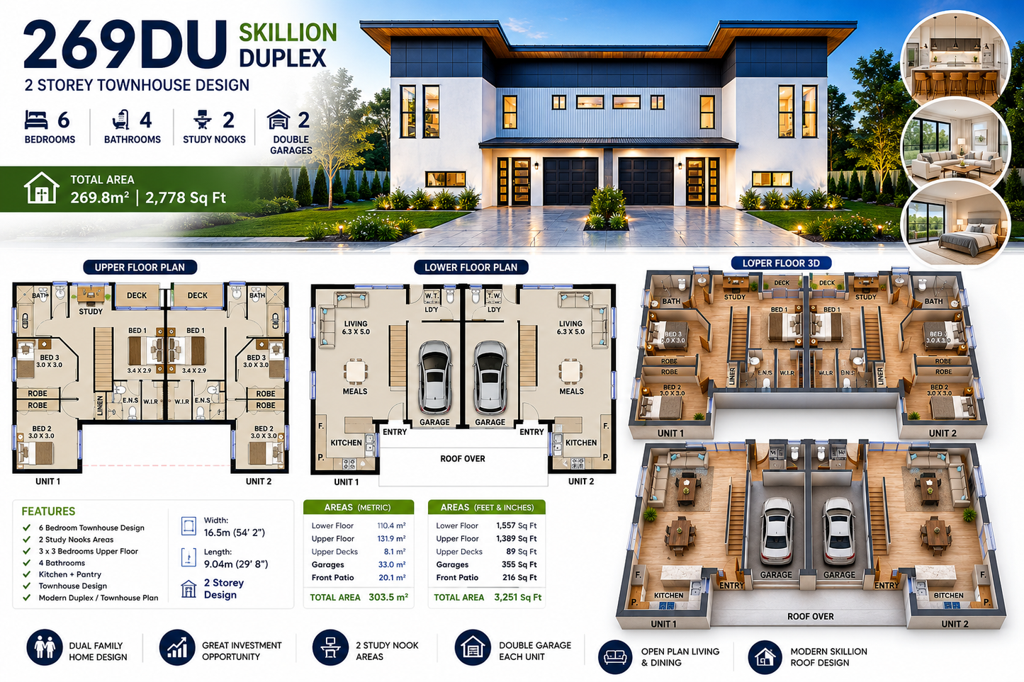 269DU Skillion Duplex House Plan | 6 Bed | 4 Bath | 2 Storey Townhouse Design | 303.5m² | 3,251 Sq Ft