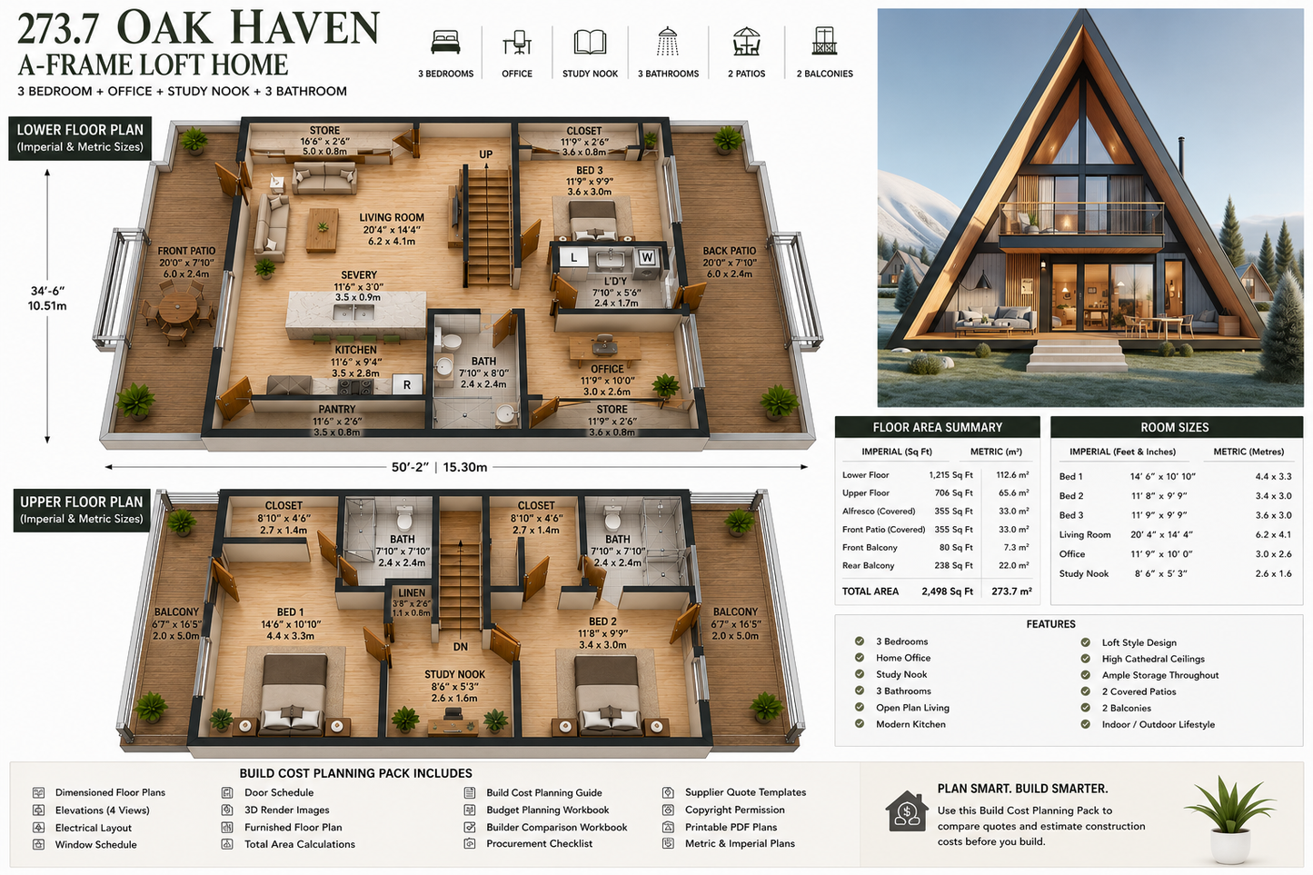 3 Bedroom A-Frame Loft House Plan | Build Cost Planning Pack | 273.7m² (2,498 Sq Ft)