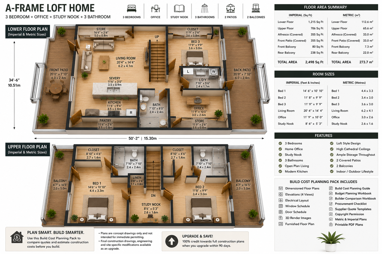3 Bedroom A-Frame Loft House Plan | Build Cost Planning Pack | 273.7m² (2,498 Sq Ft)