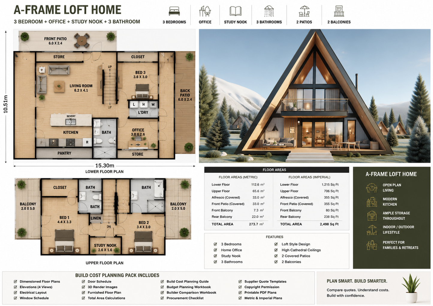 3 Bedroom A-Frame Loft House Plan | Build Cost Planning Pack | 273.7m² (2,498 Sq Ft)