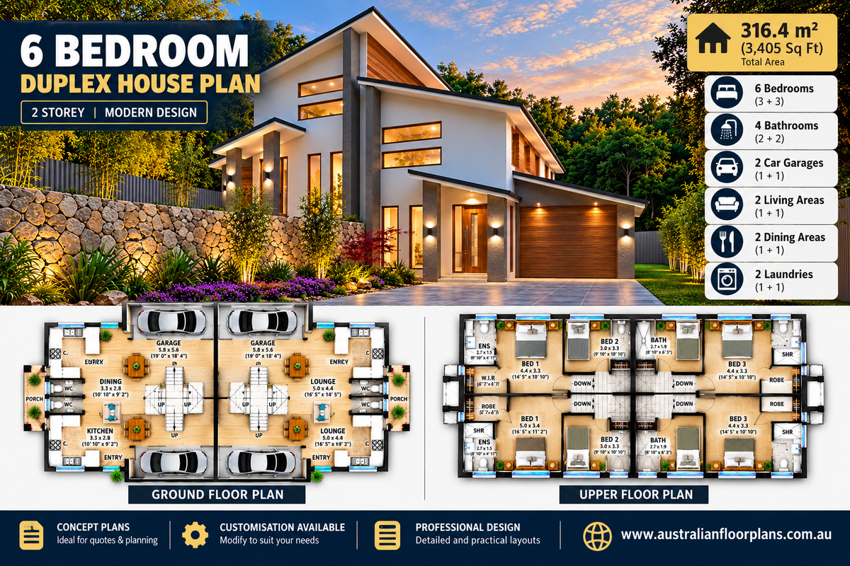 6 Bedroom Duplex House Plans | Modern 2 Storey Townhouse | Design 306 Skillion RH