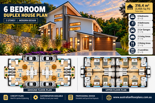 6 Bedroom Duplex House Plans | Modern 2 Storey Townhouse | Design 306 Skillion RH