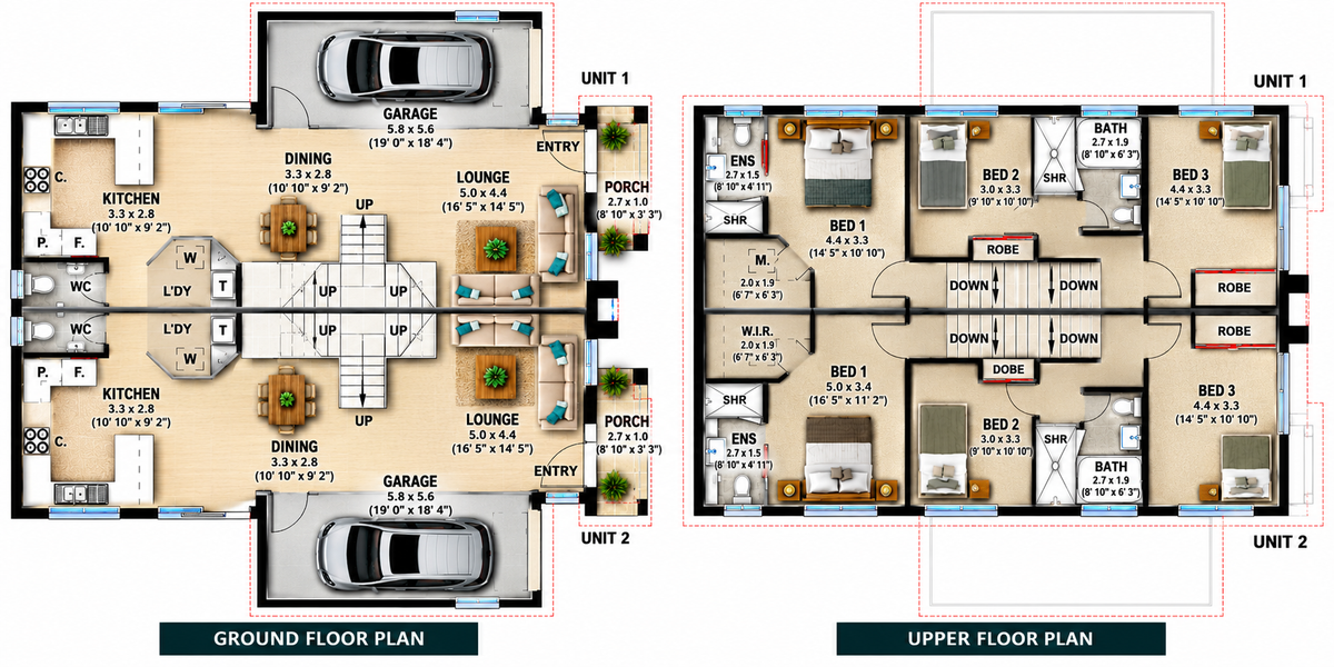 6 Bedroom Duplex House Plans | Modern 2 Storey Townhouse | Design 306 Skillion RH