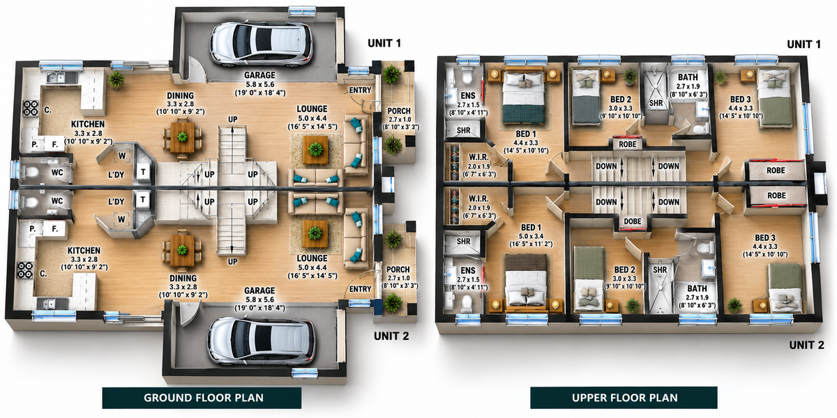 6 Bedroom Duplex House Plans | Modern 2 Storey Townhouse | Design 306 Skillion RH