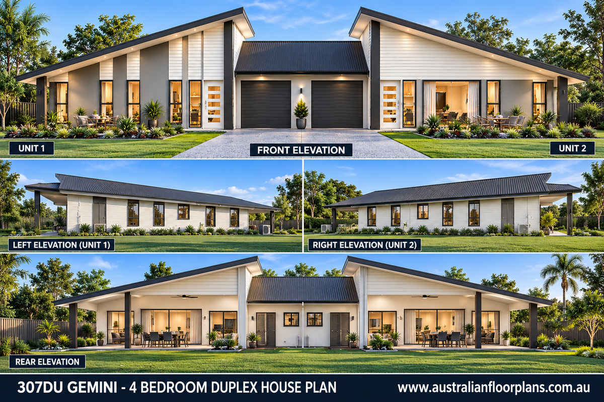307DU Gemini – 4 Bedroom Duplex House Plan | Modern Skillion Roof | 307m²