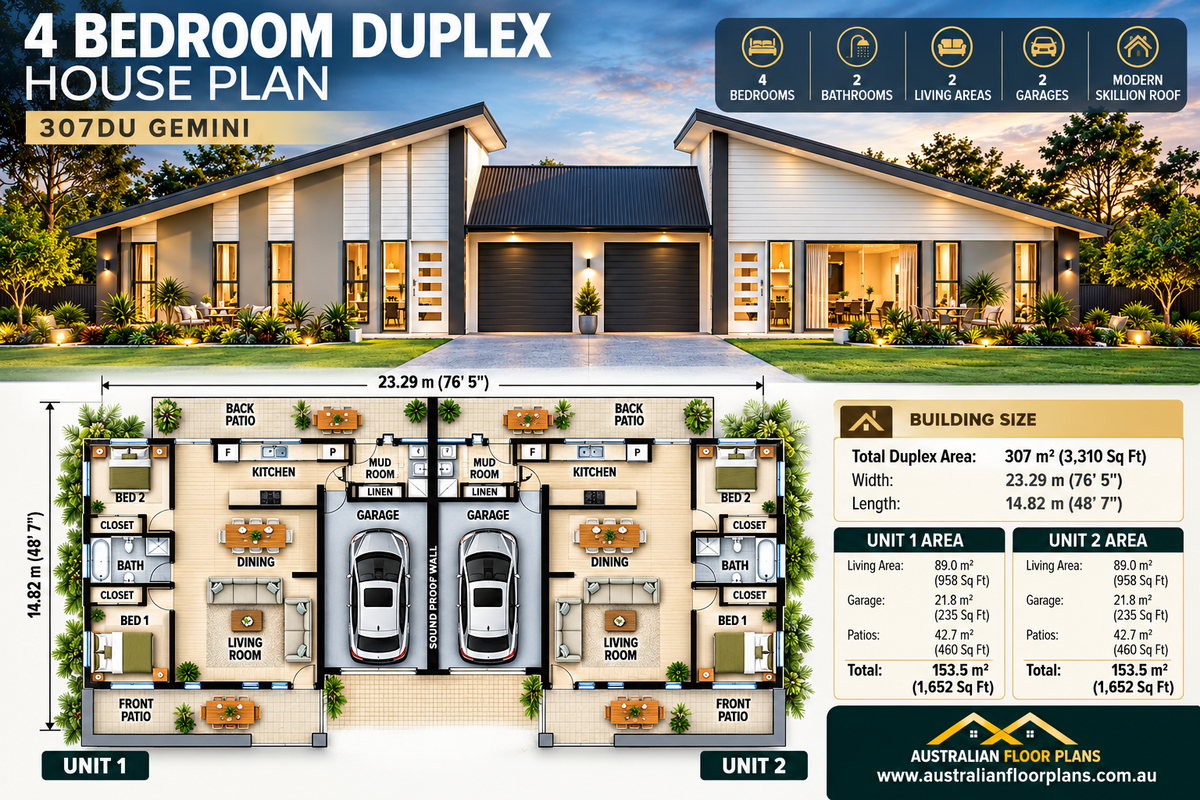 307DU Gemini – 4 Bedroom Duplex House Plan | Modern Skillion Roof | 307m²