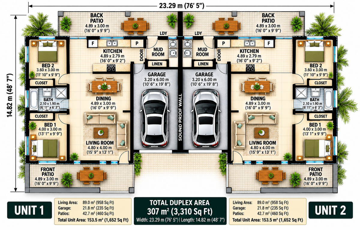 307DU Gemini – 4 Bedroom Duplex House Plan | Modern Skillion Roof | 307m²