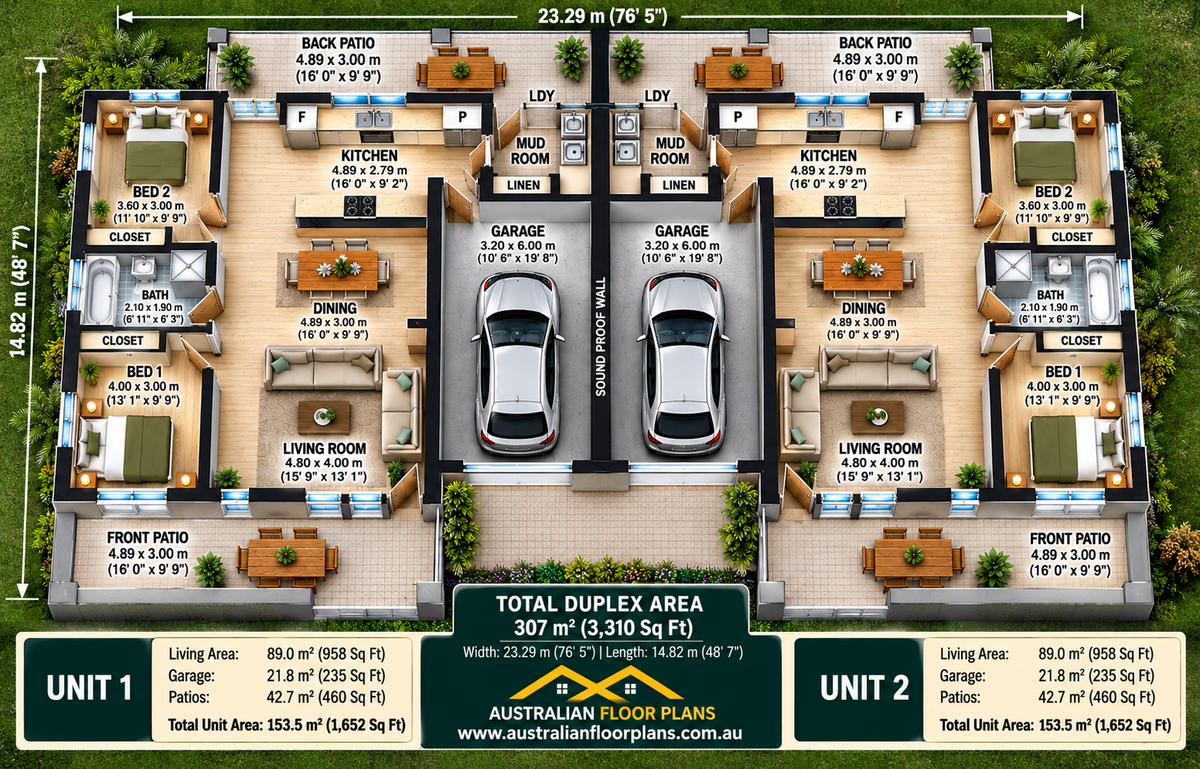 307DU Gemini – 4 Bedroom Duplex House Plan | Modern Skillion Roof | 307m²