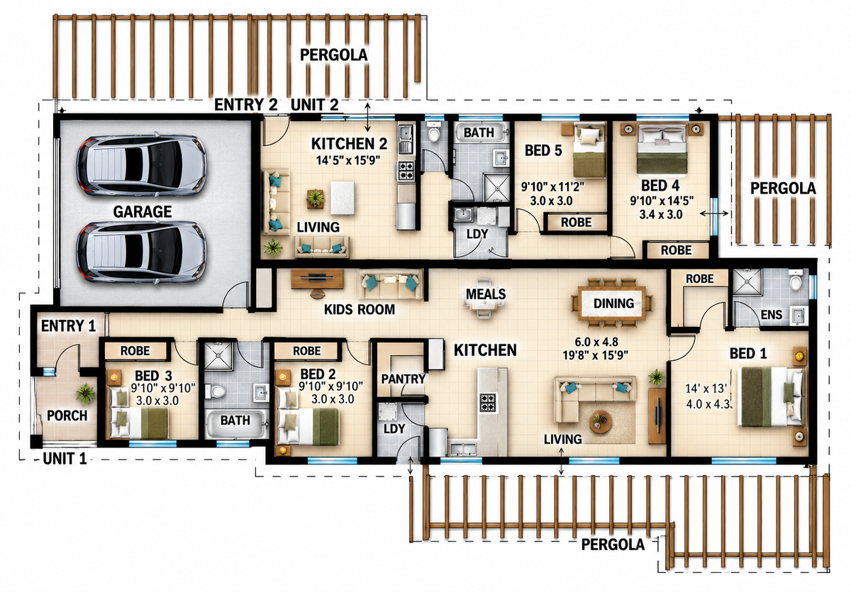 5 Bedroom Duplex House Plan – 312.9 DU | Modern Dual Key Skillion Roof Design | 3,368 Sq Ft