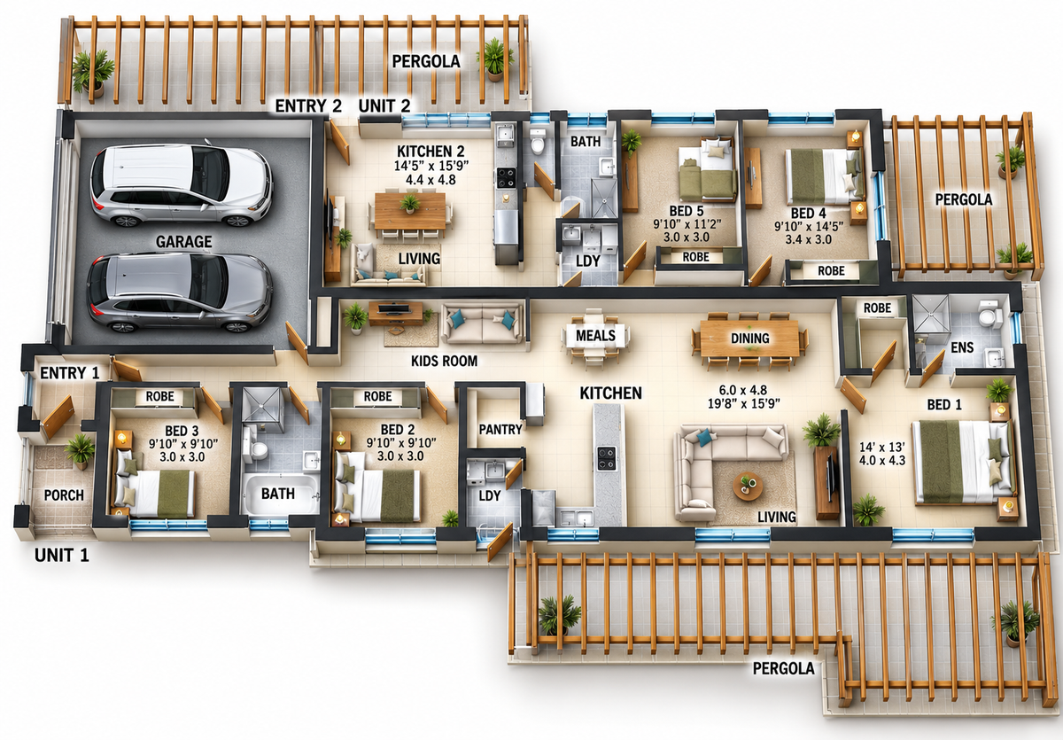 5 Bedroom Duplex House Plan – 312.9 DU | Modern Dual Key Skillion Roof Design | 3,368 Sq Ft