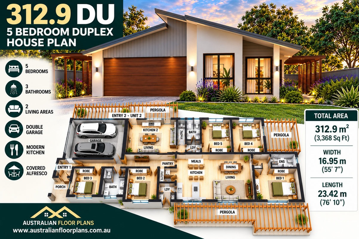 5 Bedroom Duplex House Plan – 312.9 DU | Modern Dual Key Skillion Roof Design | 3,368 Sq Ft