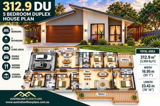 5 Bedroom Duplex House Plan – 312.9 DU | Modern Dual Key Skillion Roof Design | 3,368 Sq Ft