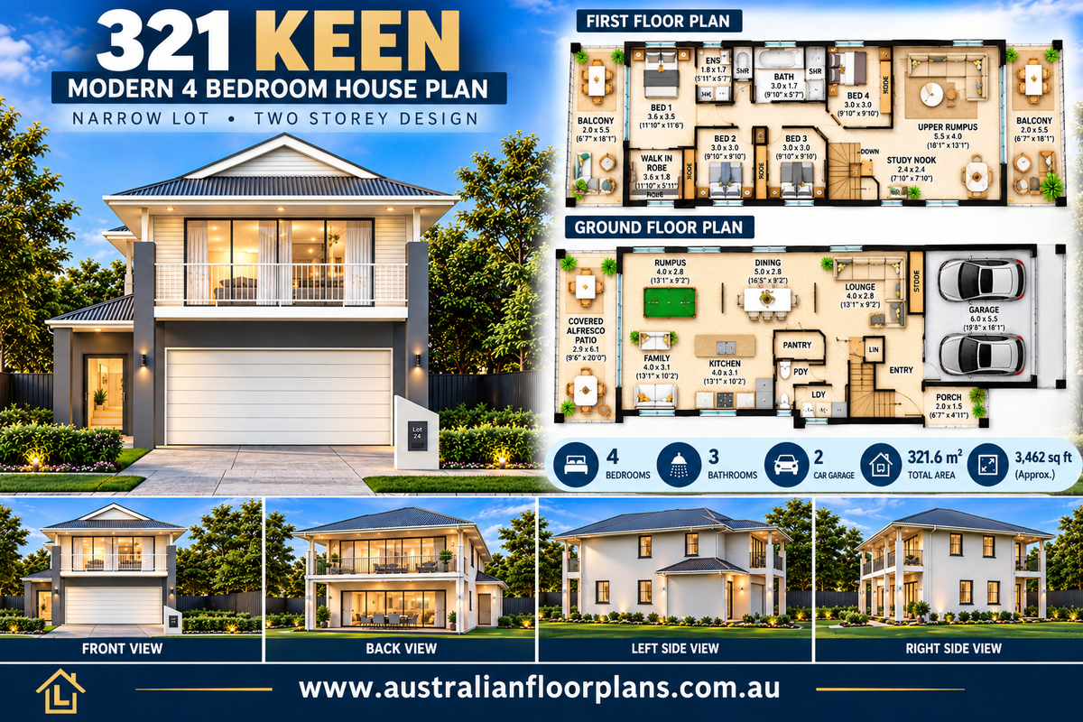 321 KEEN – Modern 4 Bedroom Narrow Lot House Plan | Double Storey Home Design