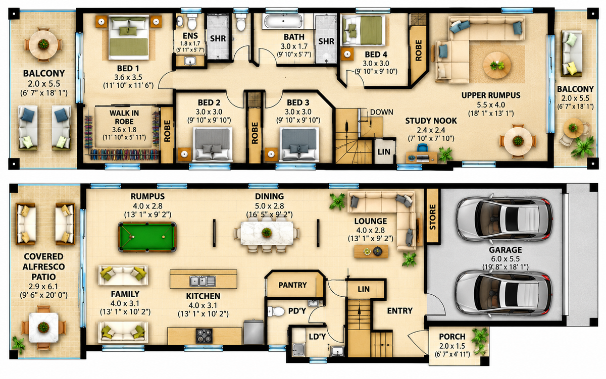 321 KEEN – Modern 4 Bedroom Narrow Lot House Plan | Double Storey Home Design
