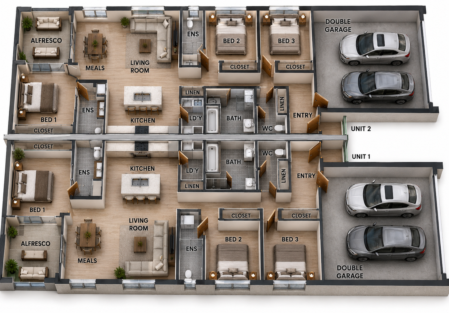 338DU SB Gable | 338.0 m² | 3,638 Sq Ft | 6 Bedroom Narrow Lot Duplex House Plan