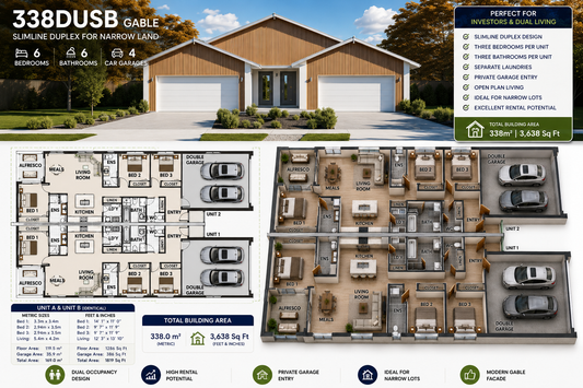 338DU SB Gable | 338.0 m² | 3,638 Sq Ft | 6 Bedroom Narrow Lot Duplex House Plan