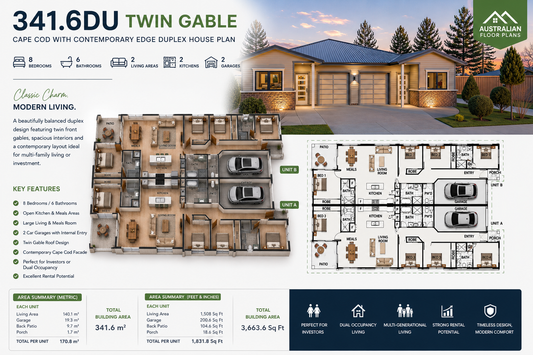 341.6DU Twin Gable | 341.6 m² | 3,664 Sq Ft | 8 Bedroom Duplex House Plan