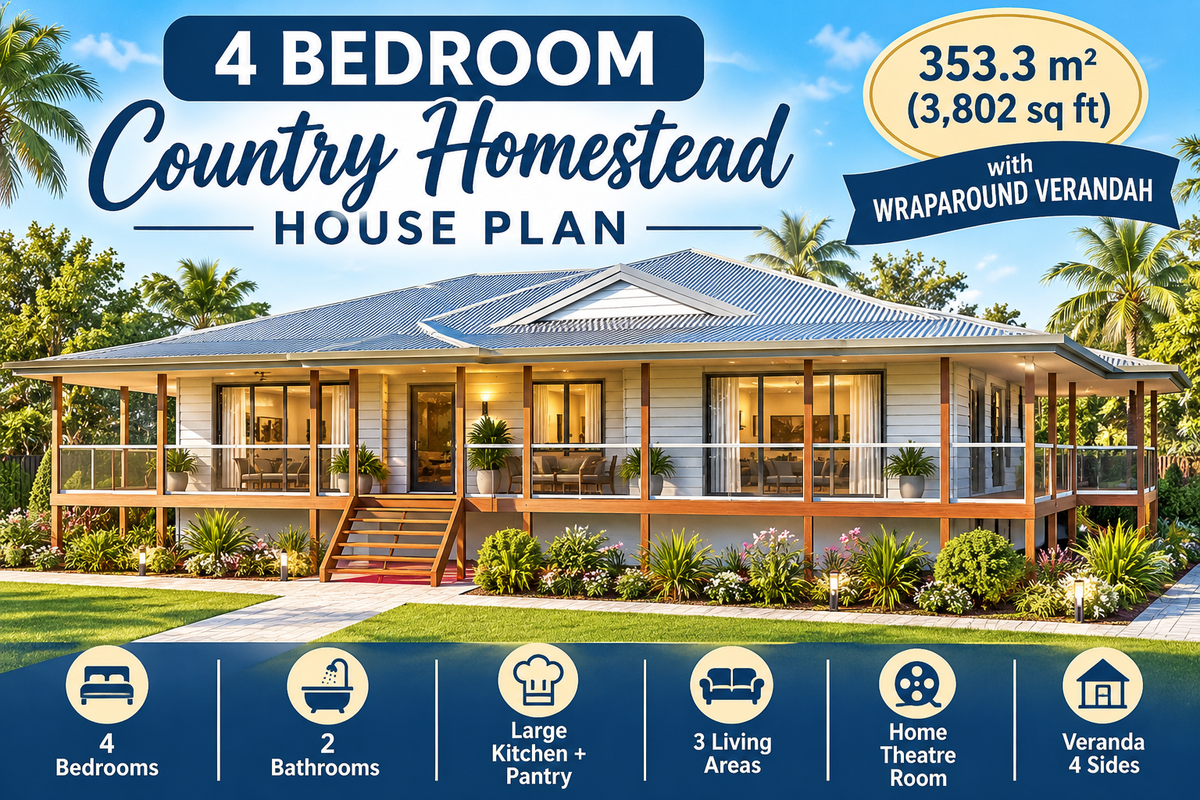 4 Bedroom Country Homestead | Wraparound Verandah | Sloping Block Design