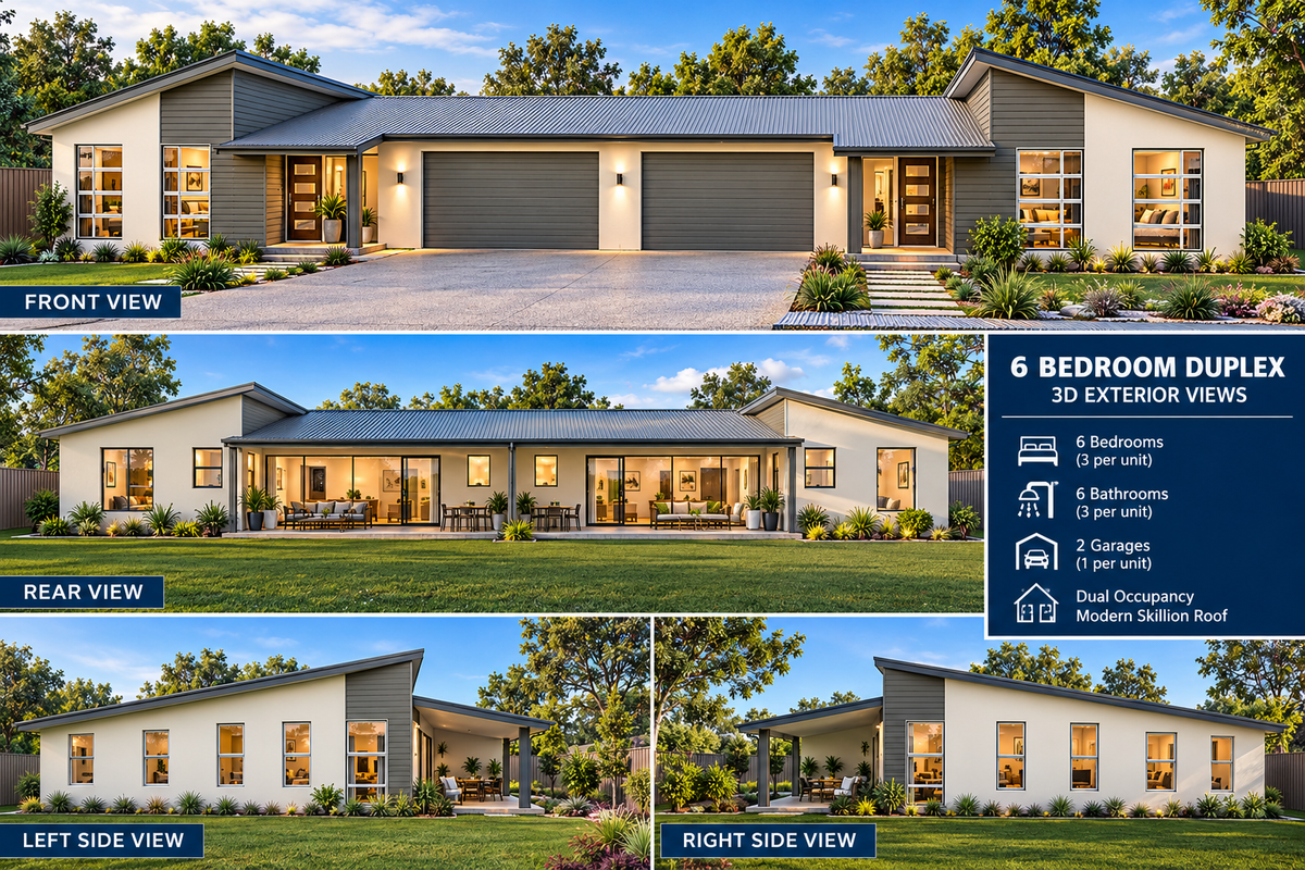 366DU Skillion Duplex House Plan | 6 Bedroom Dual Occupancy Design | Preliminary Plans