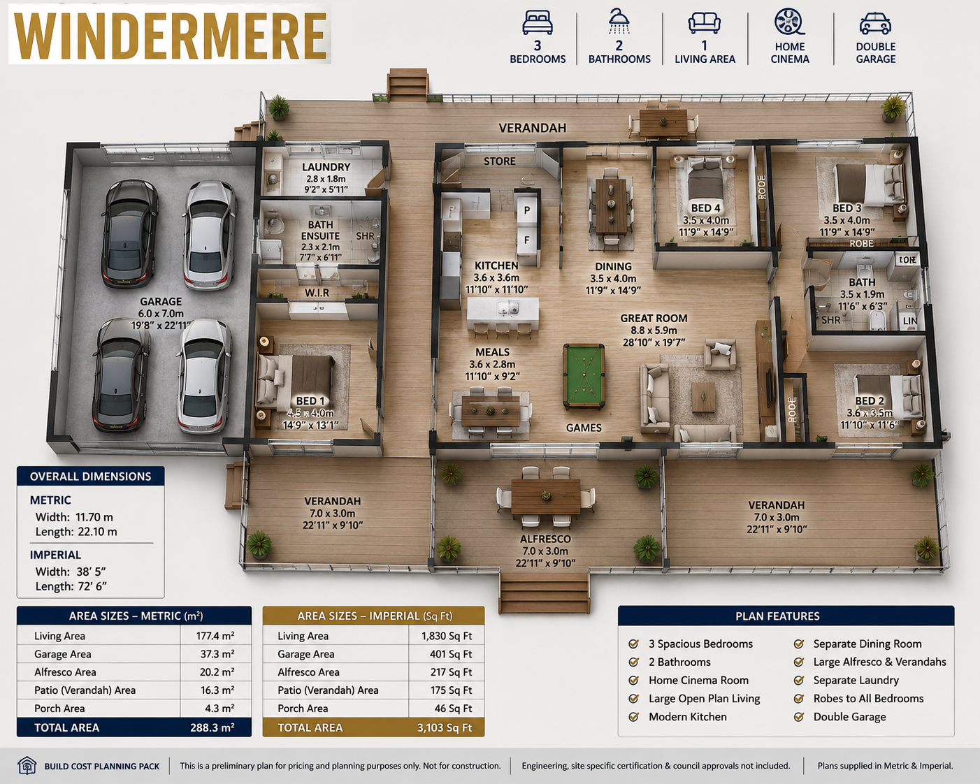 378.2 Windermere – 4 Bedroom Hillside House Plan | Sloping Land Home | Build Cost Planning Pack
