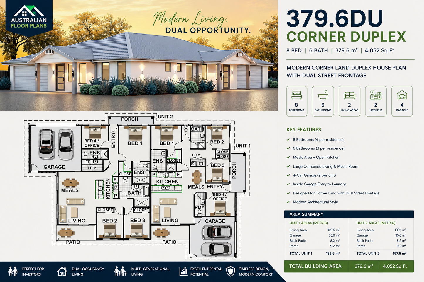 379.6DU Corner Duplex | 379.6 m² | 4,052 Sq Ft | 8 Bedroom Duplex House Plan