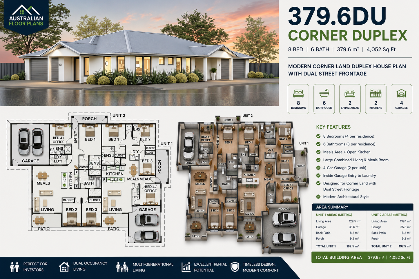 379.6DU Corner Duplex | 379.6 m² | 4,052 Sq Ft | 8 Bedroom Duplex House Plan