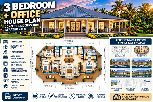 3 Bedroom House Plan + Office | Wraparound Verandah | Concept & Modification Starter Pack
