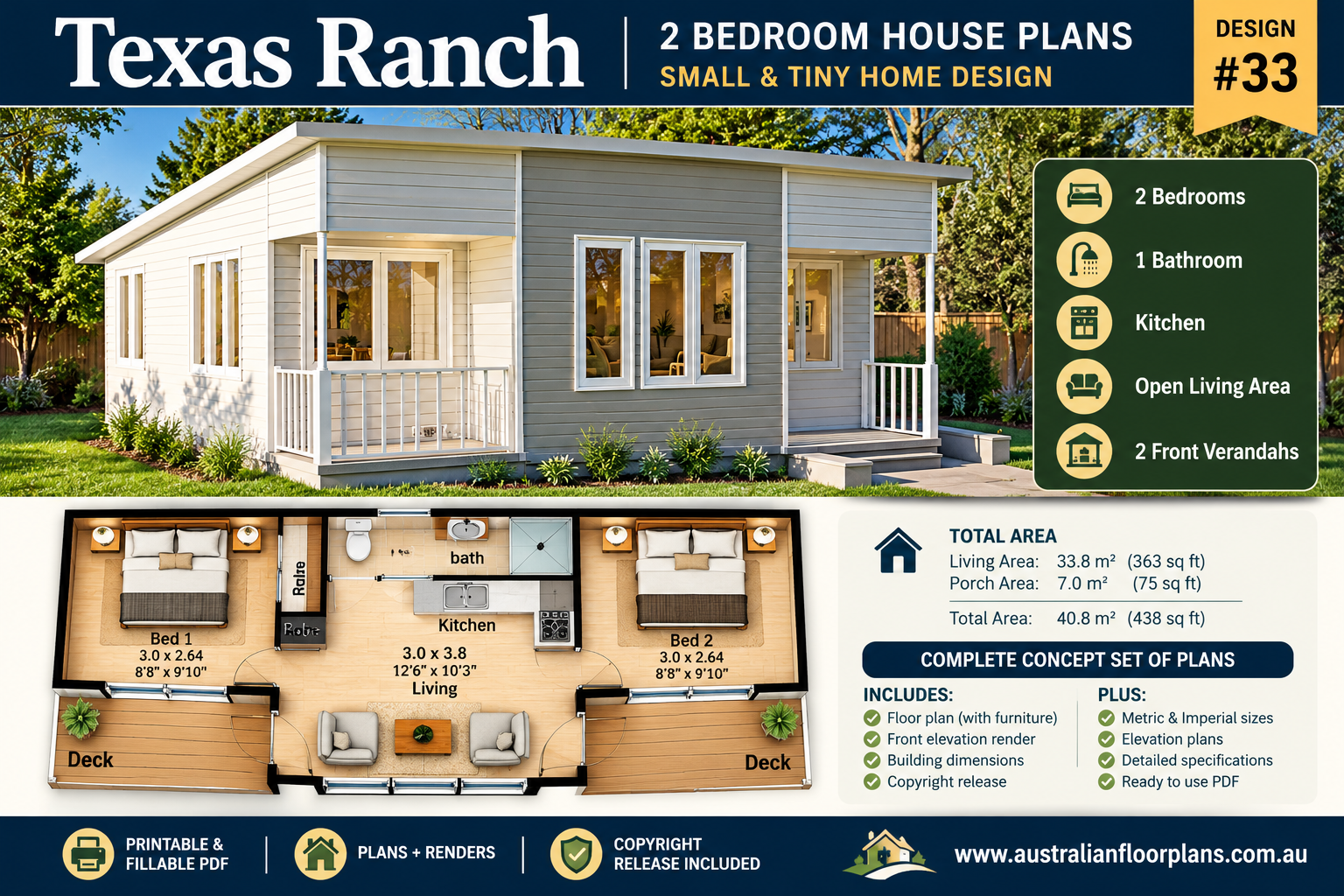 Texas Ranch 33 – 2 Bedroom Tiny House Plans-Compact Ranch Home Design ...