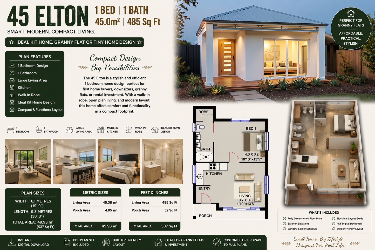 1 Bedroom Small House Plan – 45 Elton | 45.0 m² | 485 Sq Ft