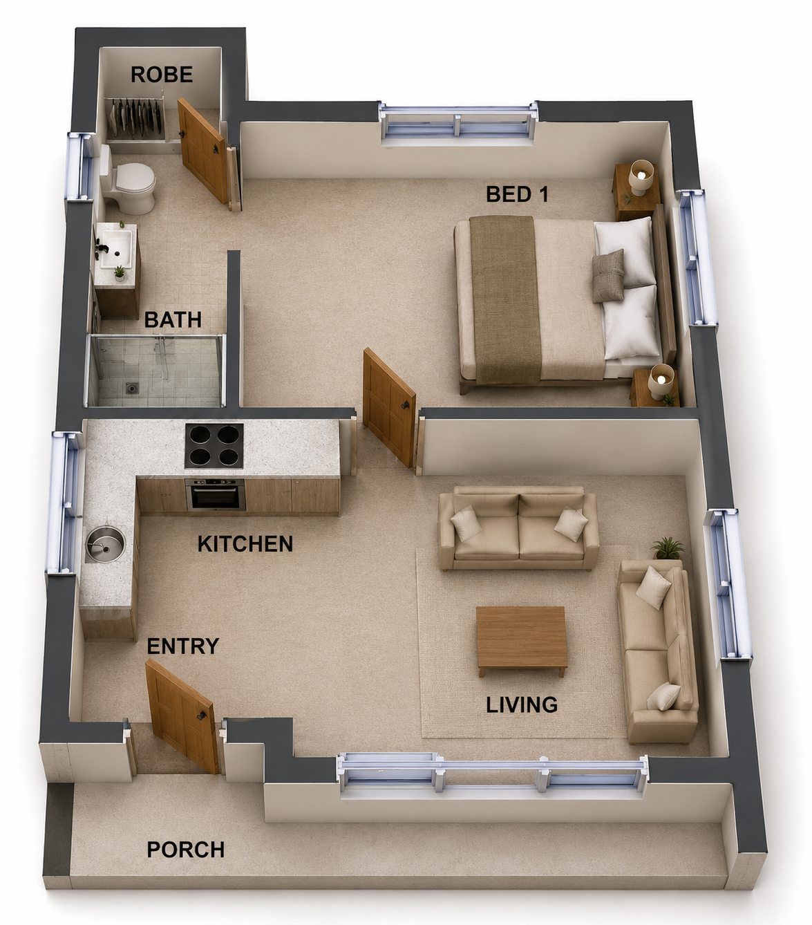 1 Bedroom Small House Plan – 45 Elton | 45.0 m² | 485 Sq Ft