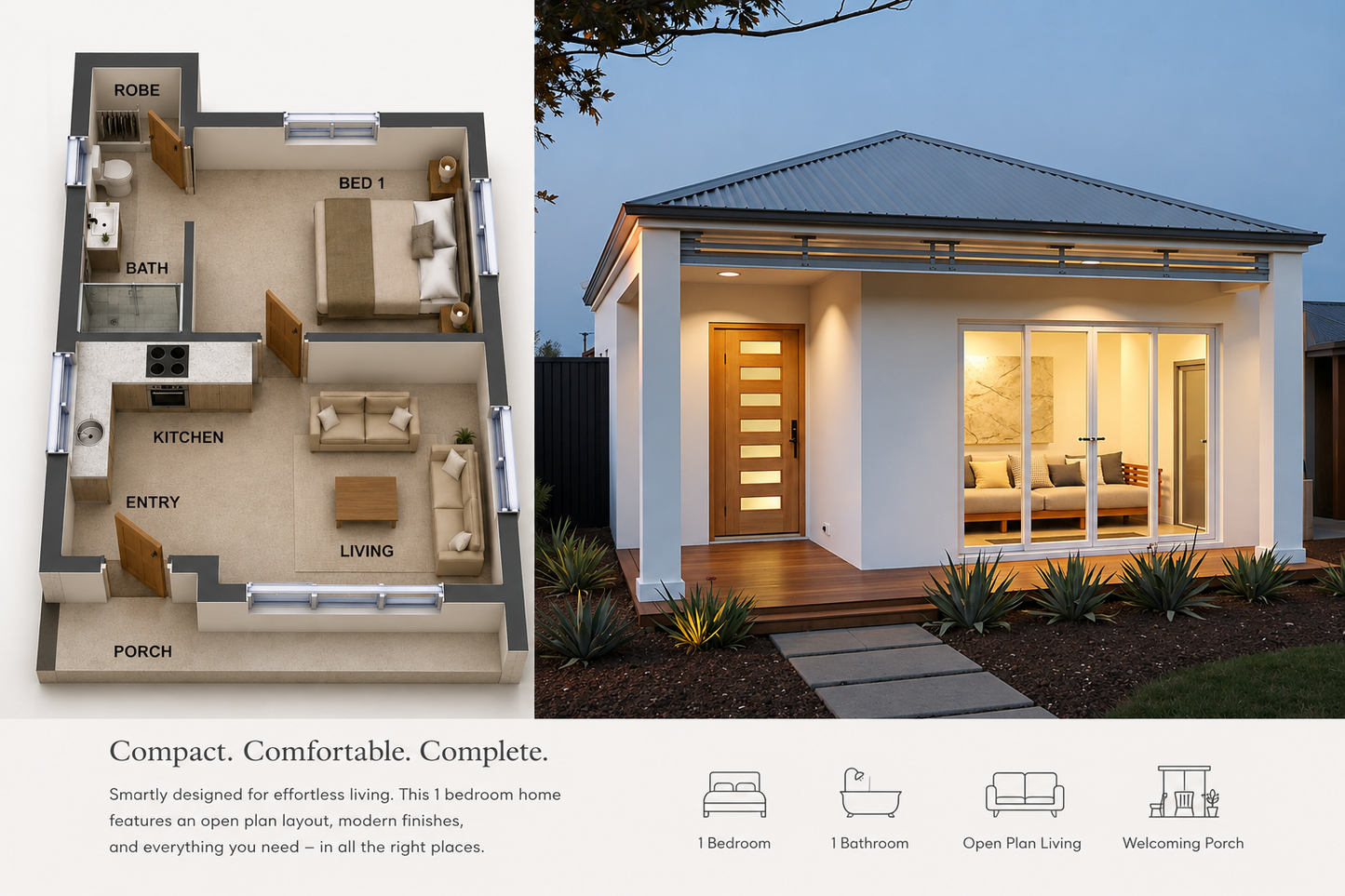 1 Bedroom Small House Plan – 45 Elton | 45.0 m² | 485 Sq Ft