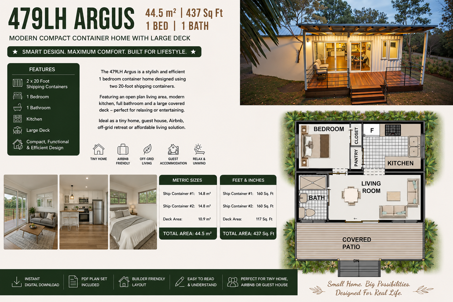 44.5m² / 437 Sq Ft | 1 Bed | 1 Bath | 479LH Argus Shipping Container Home Plan