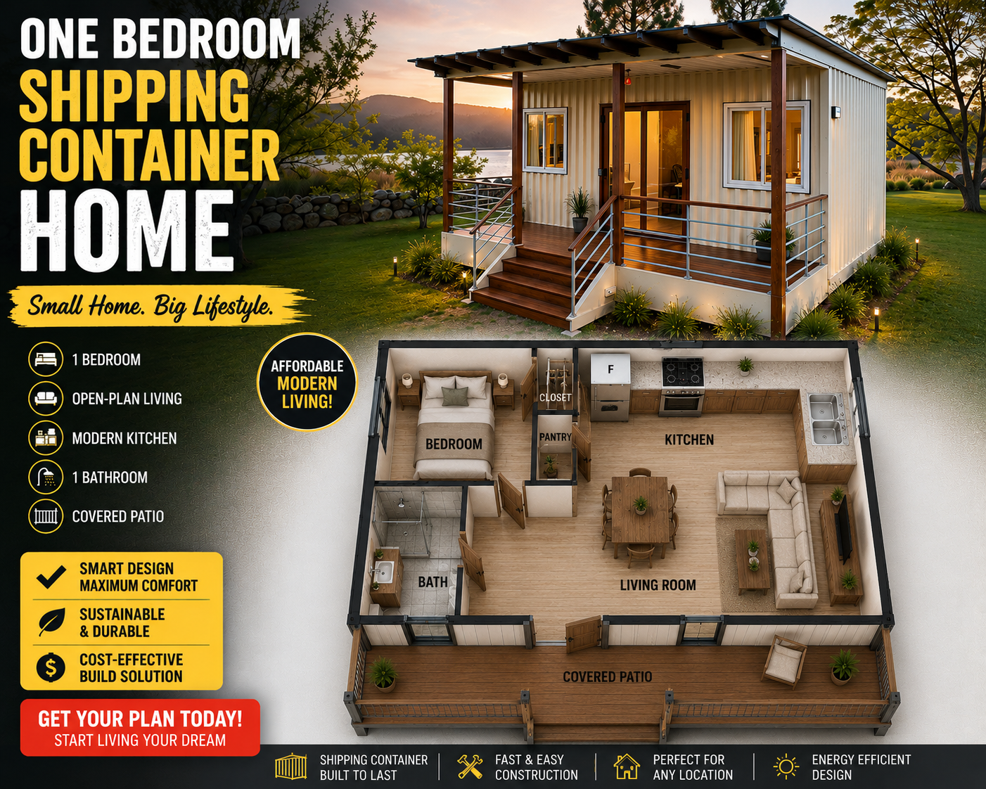 44.5m² / 437 Sq Ft | 1 Bed | 1 Bath | 479LH Argus Shipping Container Home Plan