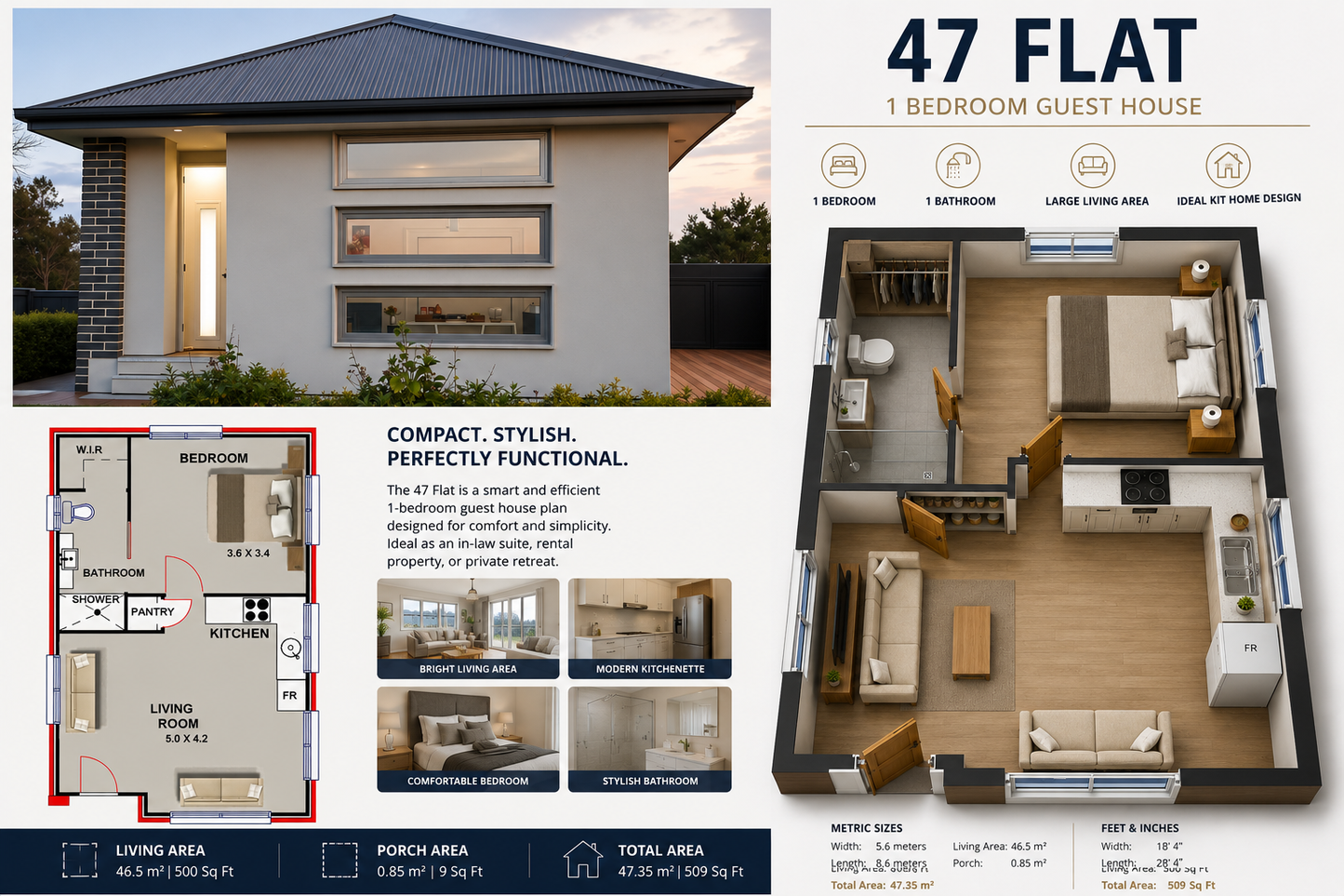 47 Flat Guest House Plan | 1 Bedroom Granny Flat Design | 509 Sq Ft