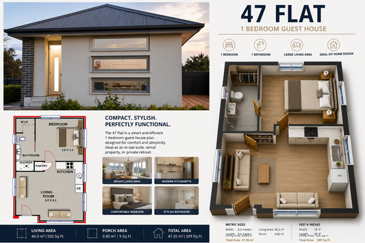 47 Flat Guest House Plan | 1 Bedroom Granny Flat Design | 509 Sq Ft