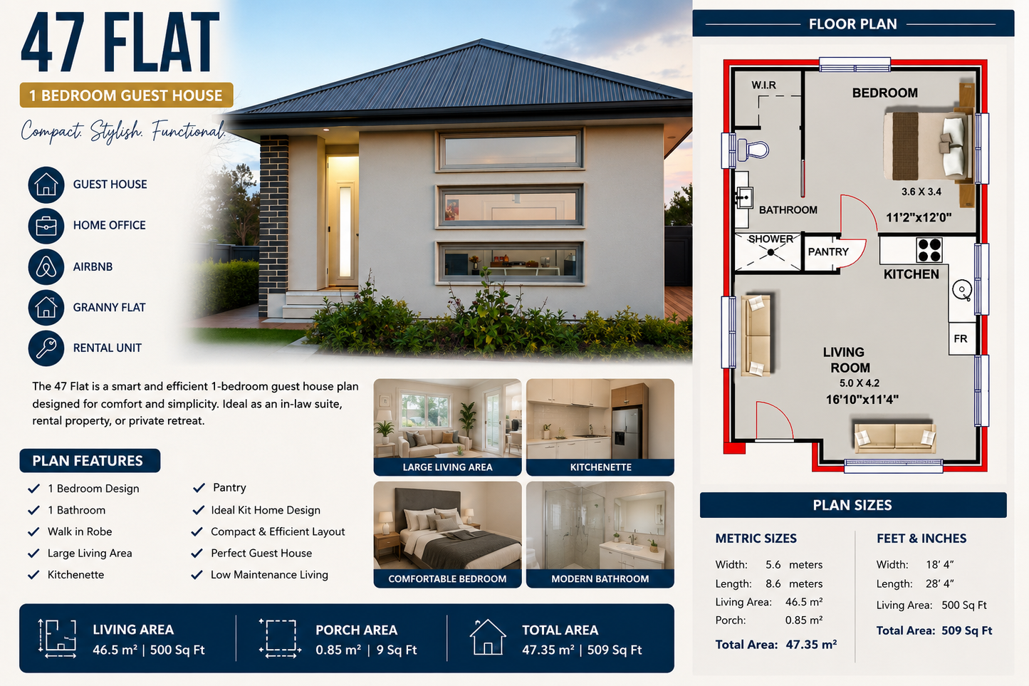 47 Flat Guest House Plan | 1 Bedroom Granny Flat Design | 509 Sq Ft