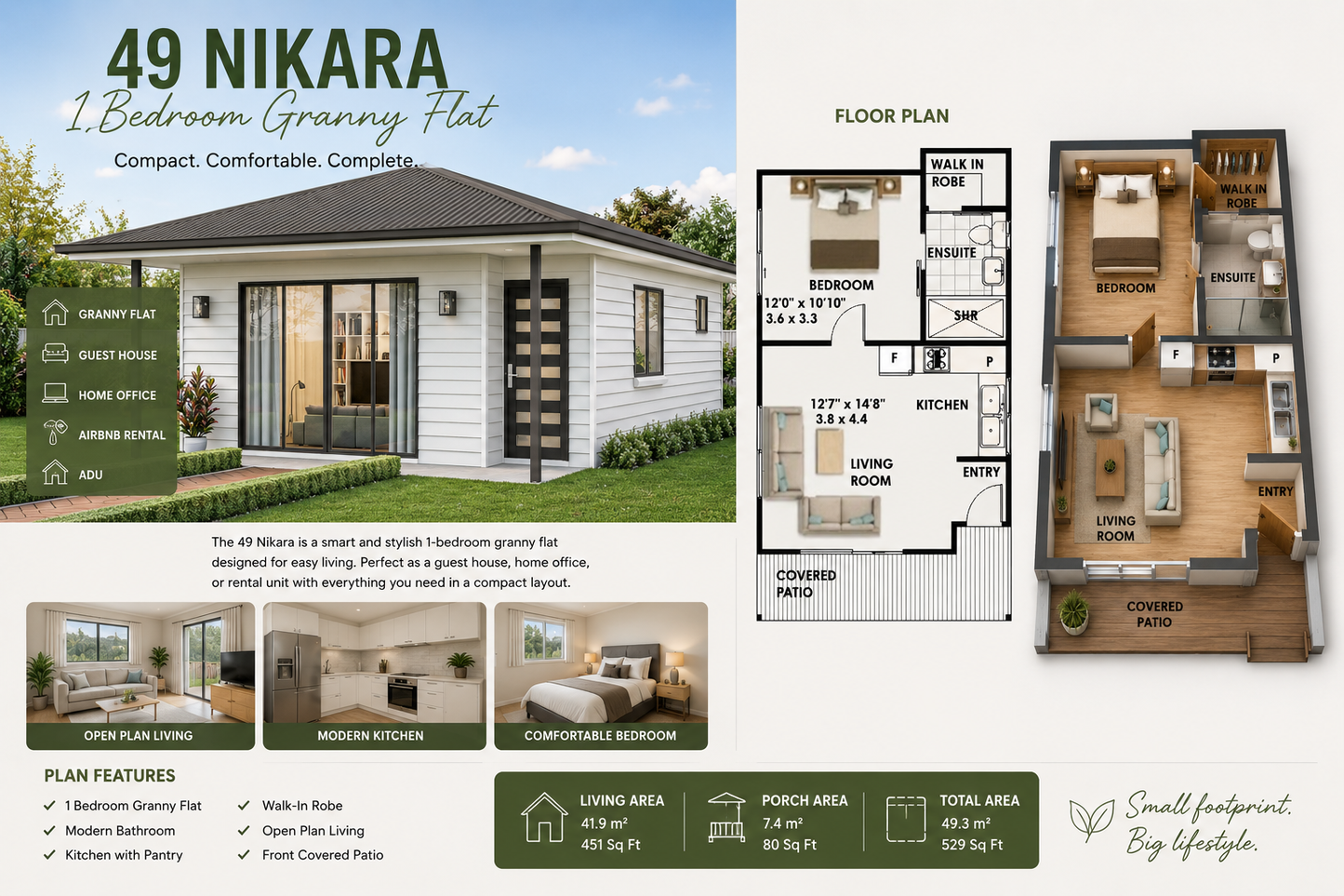 49 Nikara Granny Flat House Plan | Compact 1 Bedroom Home Design