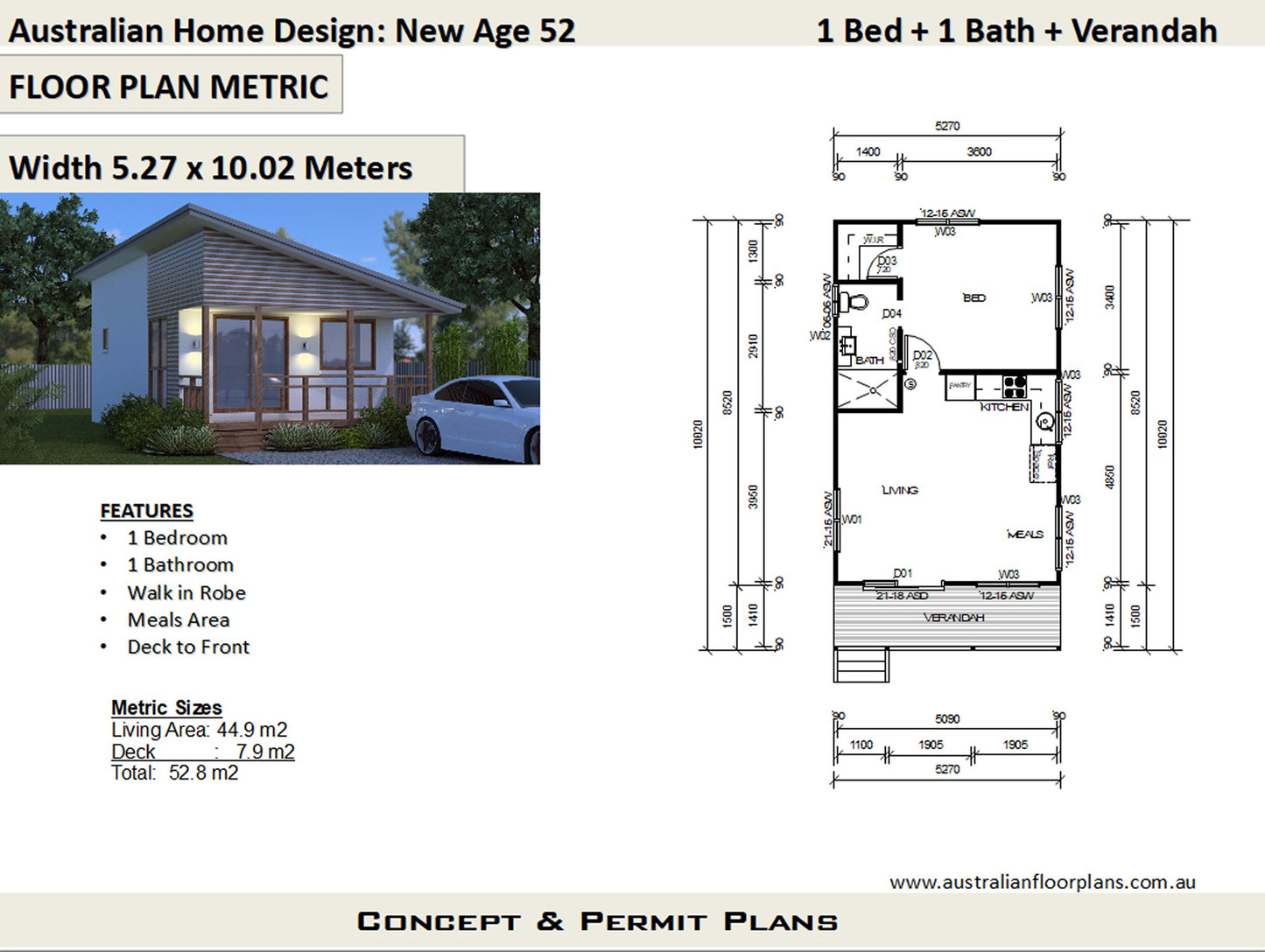 House Plan 52 – New Age Cottage | 1 Bedroom Small Home | 52.8 m² | 568 Sq Ft