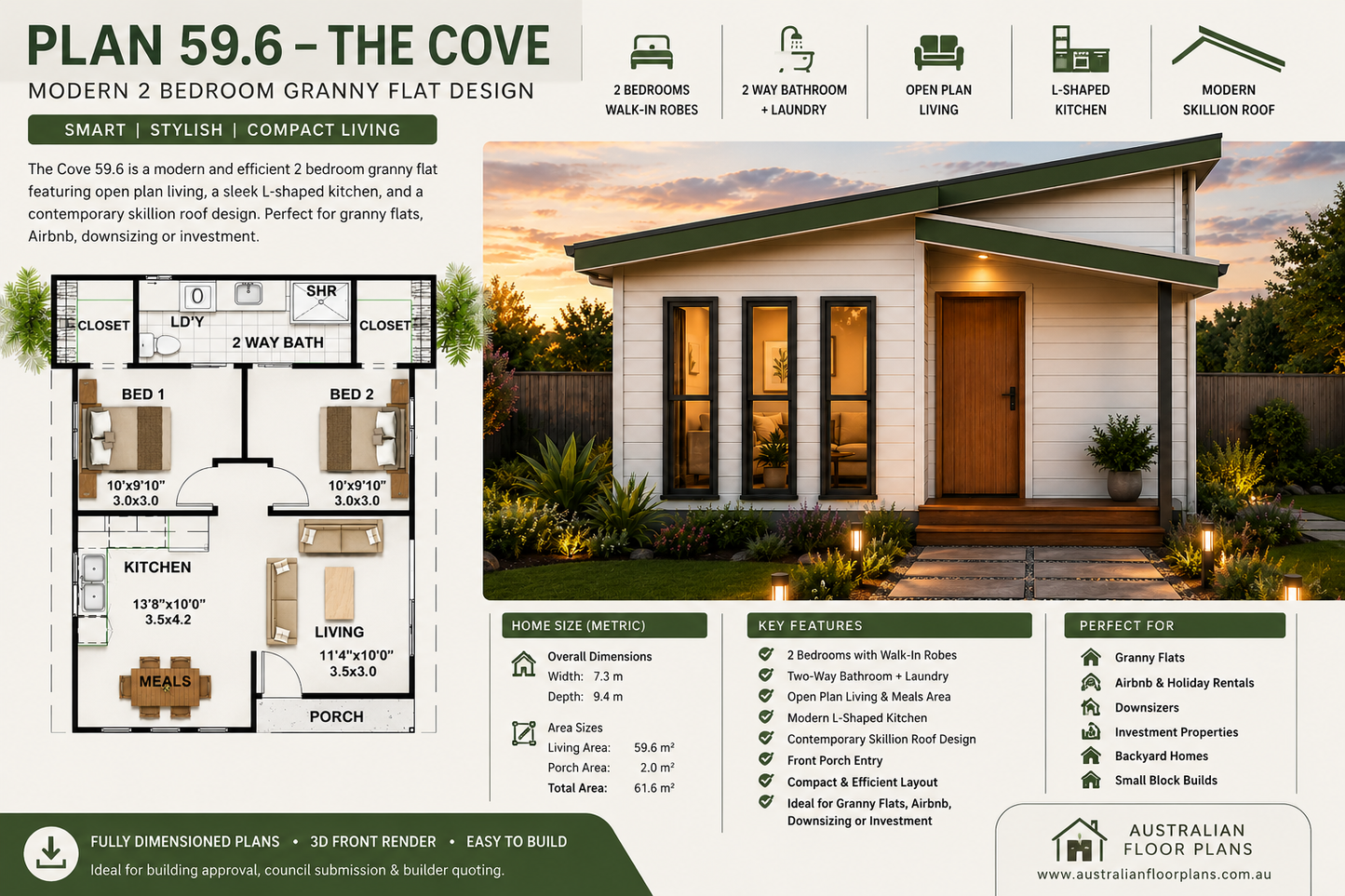 Plan 59.6 – The Cove Modern 2 Bedroom Granny Flat Design | Small Home Plan | 61.6 m²