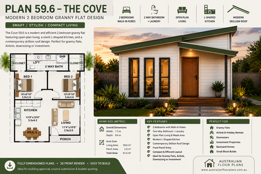 Plan 59.6 – The Cove Modern 2 Bedroom Granny Flat Design | Small Home Plan | 61.6 m²