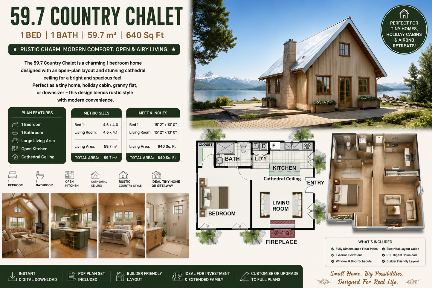 1 Bedroom Country Chalet House Plan – 59.7 m² | 640 Sq Ft