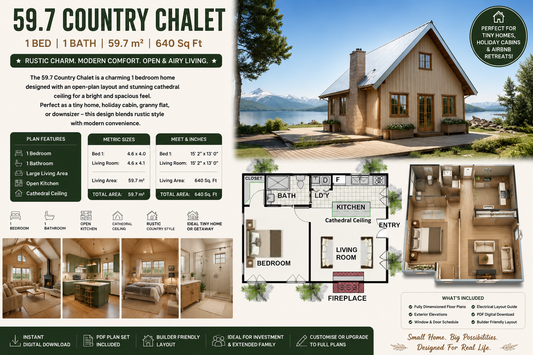1 Bedroom Country Chalet House Plan – 59.7 m² | 640 Sq Ft