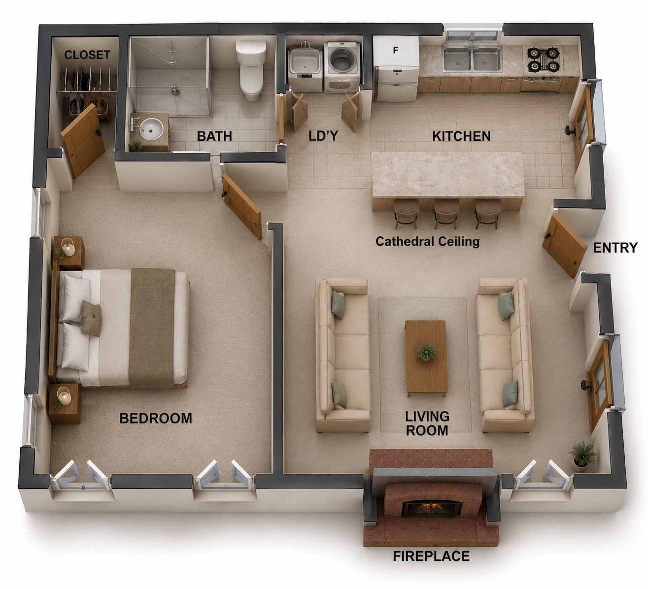 1 Bedroom Country Chalet House Plan – 59.7 m² | 640 Sq Ft