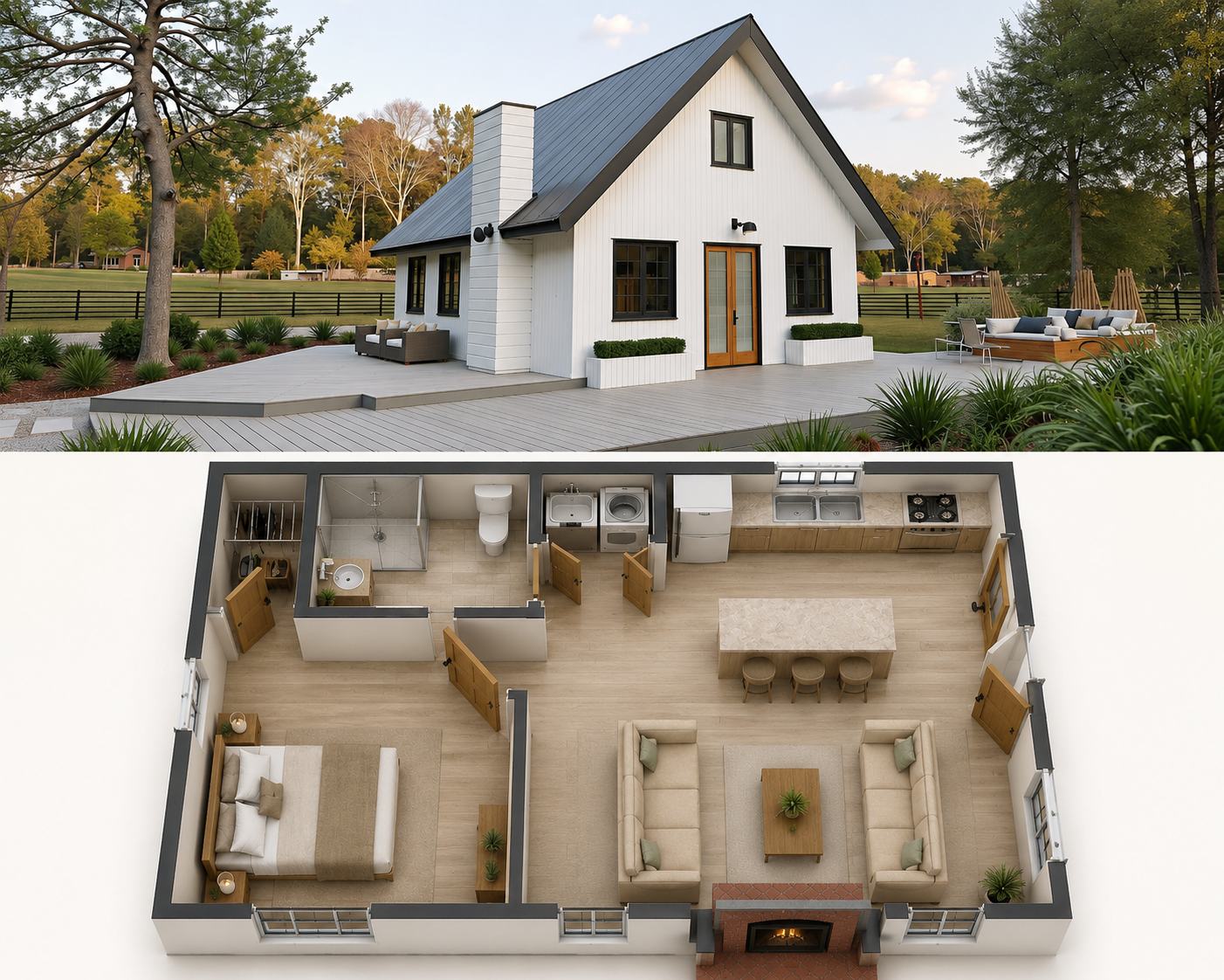 1 Bedroom Country Chalet House Plan – 59.7 m² | 640 Sq Ft